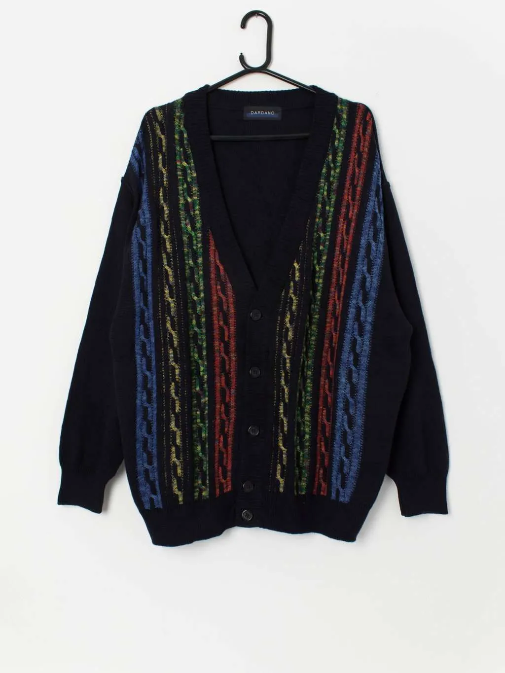 90s vintage 3D knit Coogi style cardigan in navy, red and green – Large / XL