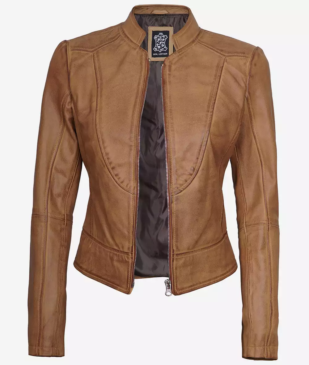 Amy Womens Slim Fit Camel Brown Leather Jacket