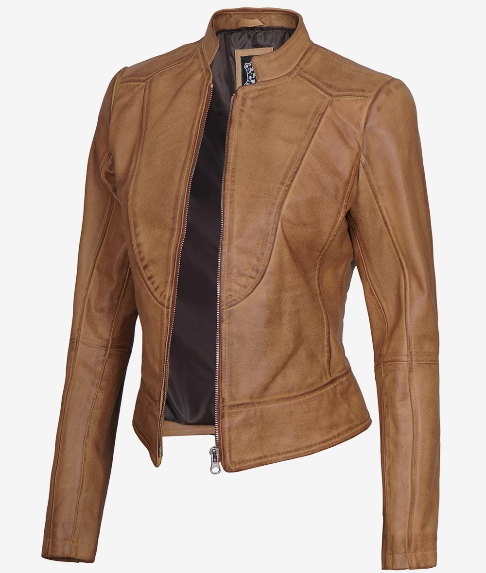 Amy Womens Slim Fit Camel Brown Leather Jacket