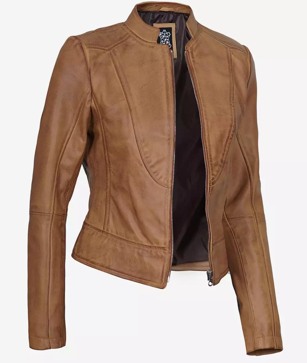 Amy Womens Slim Fit Camel Brown Leather Jacket