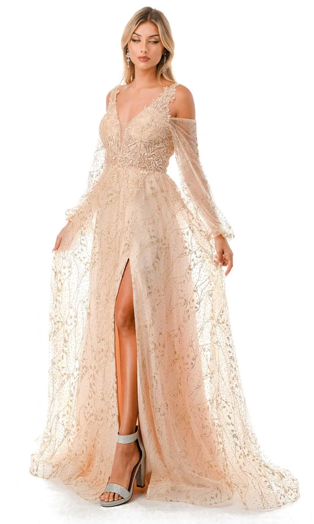 Aspeed Design L2772T - Cold Shoulder Rhinestone Embellished Evening Gown