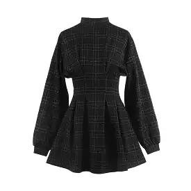 AUTUMU NEW CHEQUER WAIST-TIED LONG-SLEEVE DRESS BY71117