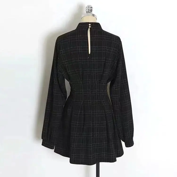 AUTUMU NEW CHEQUER WAIST-TIED LONG-SLEEVE DRESS BY71117