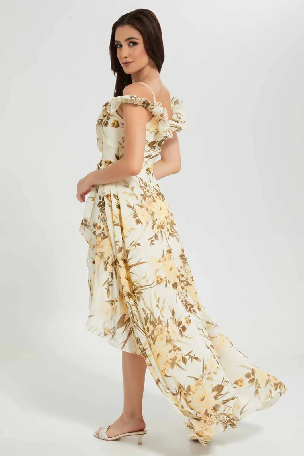 Beige Floral High Low Dress