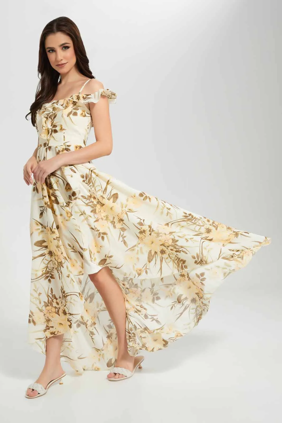 Beige Floral High Low Dress