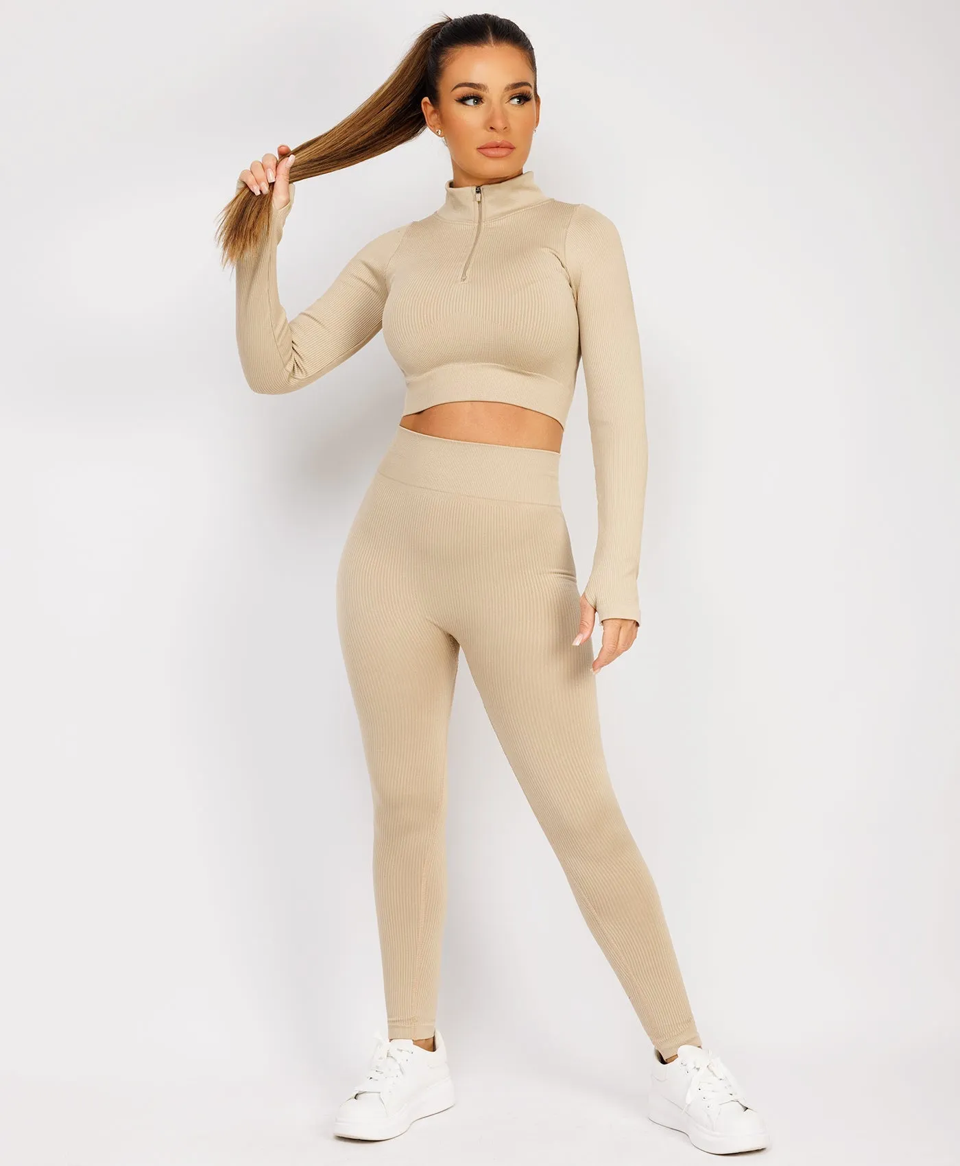 Beige Half Zipped Neck Ribbed Activewear Set