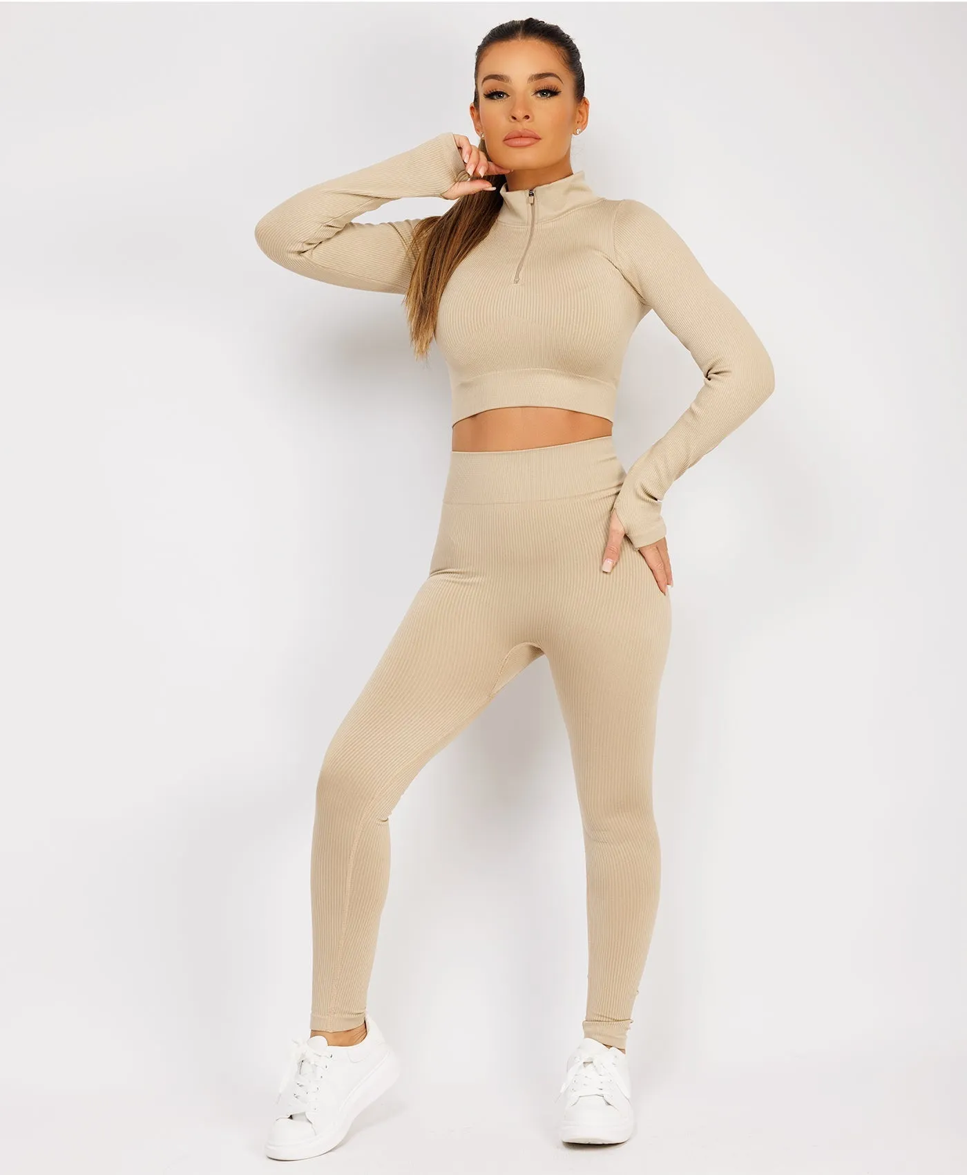 Beige Half Zipped Neck Ribbed Activewear Set