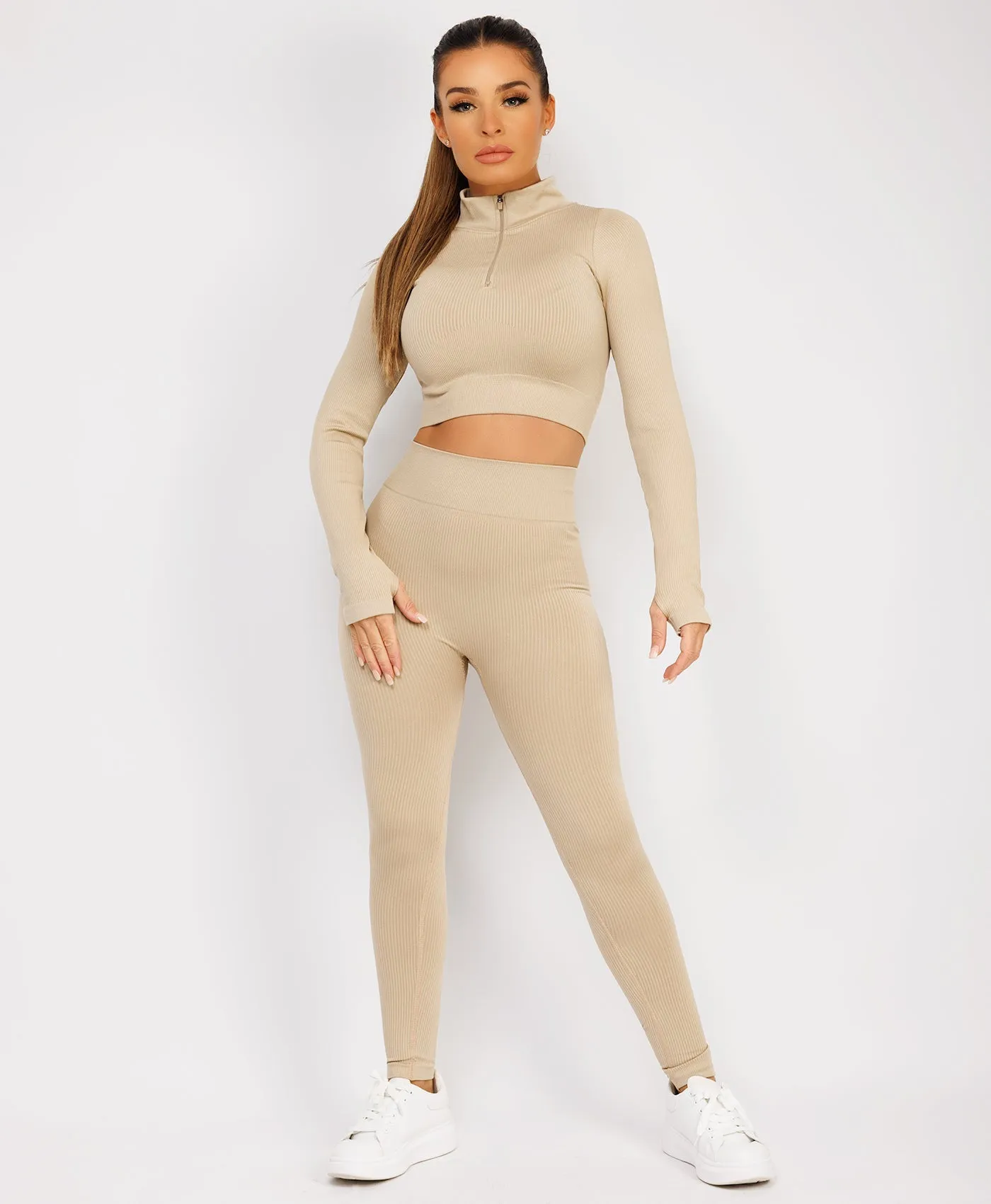 Beige Half Zipped Neck Ribbed Activewear Set