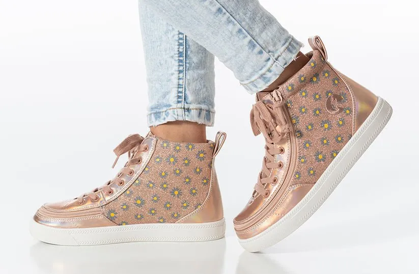 Billy Footwear (Kids) - High Top Rose Gold Daisy Faux Leather Shoes