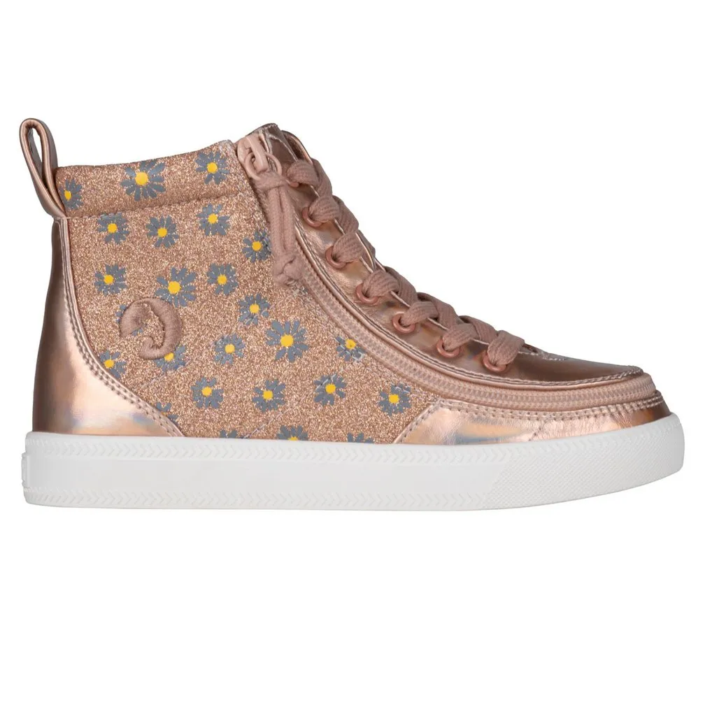 Billy Footwear (Kids) - High Top Rose Gold Daisy Faux Leather Shoes