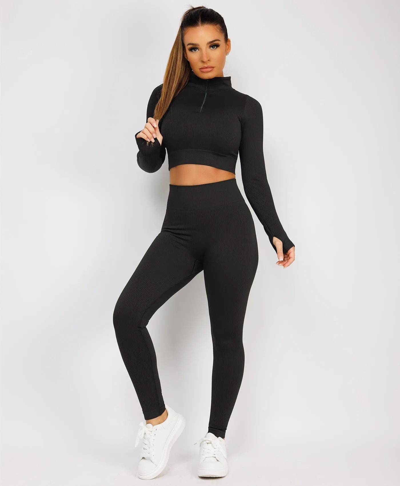 Black Half Zipped Neck Ribbed Activewear Set