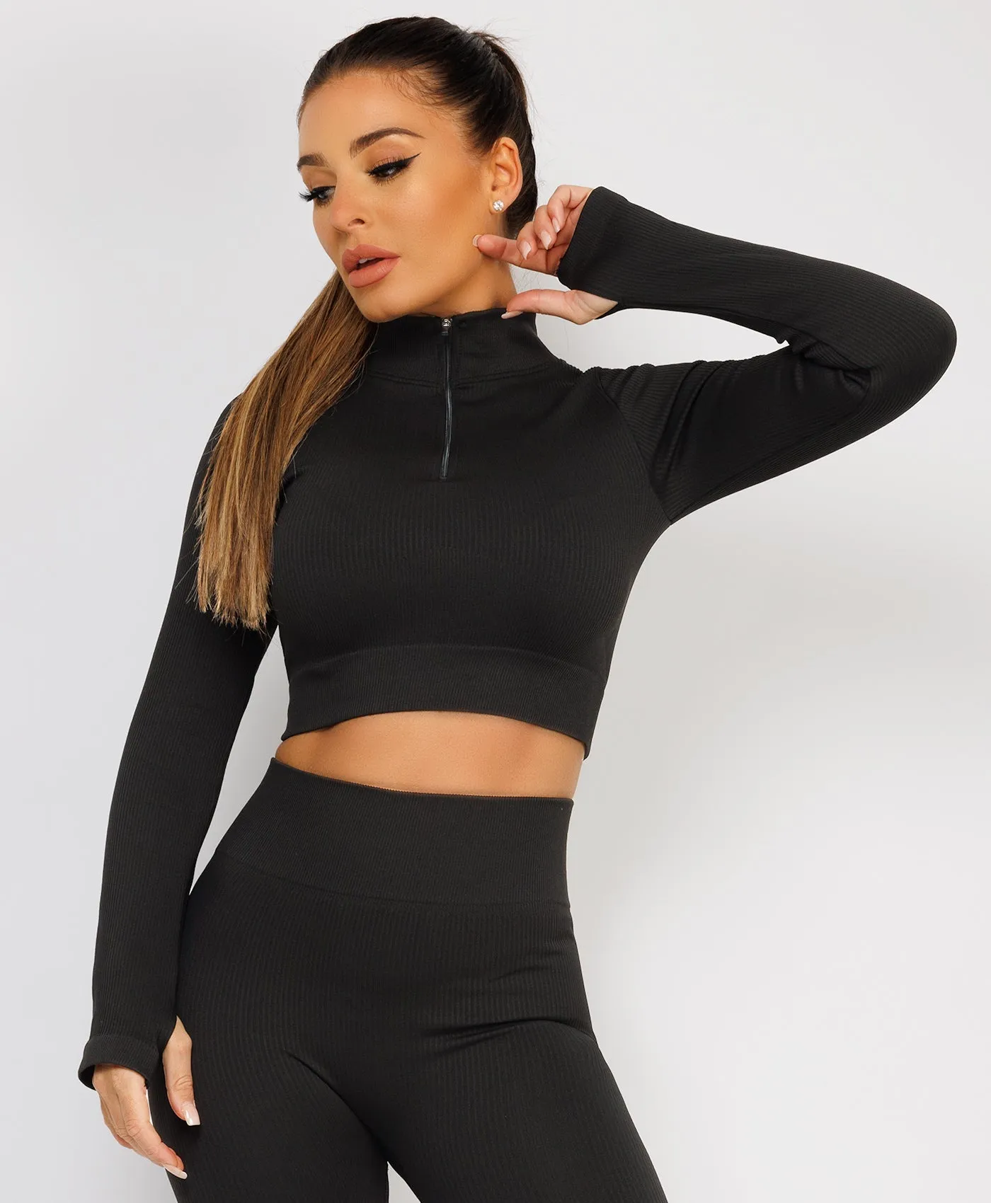 Black Half Zipped Neck Ribbed Activewear Set