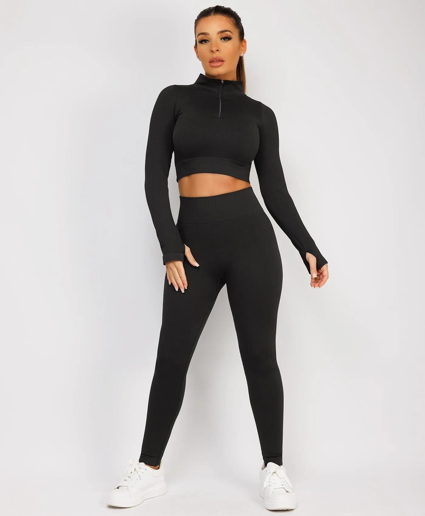 Black Half Zipped Neck Ribbed Activewear Set