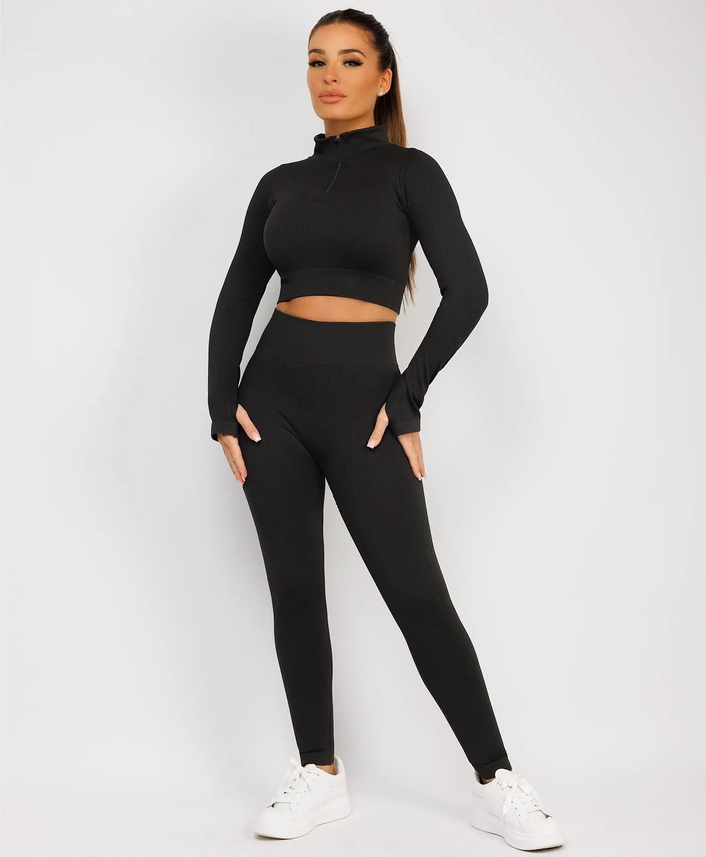 Black Half Zipped Neck Ribbed Activewear Set