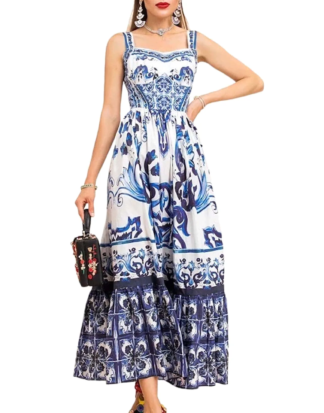 Blue Print Flowy Long Dress