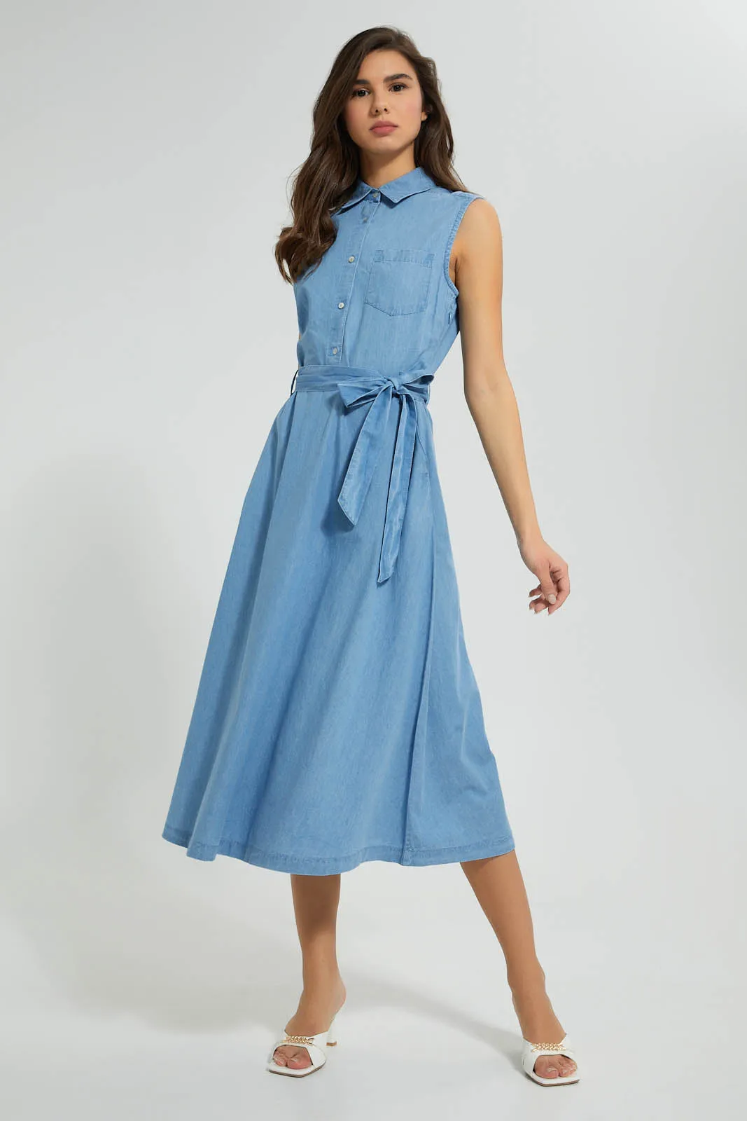 Blue Sleeveless Denim Midi Dress