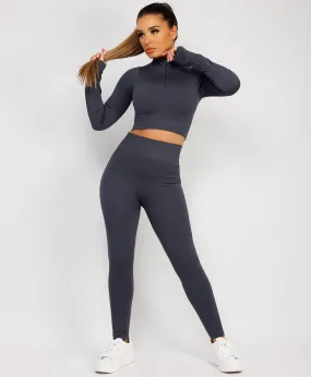 Charcoal Grey Half Zipped Neck Ribbed Activewear Set