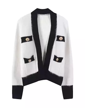 Contrast Border Faux Mohair Cardigan