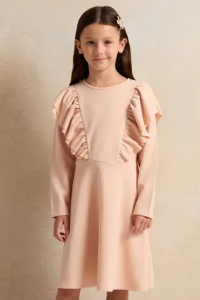 Girls Peach Frill Long Sleeves Dress