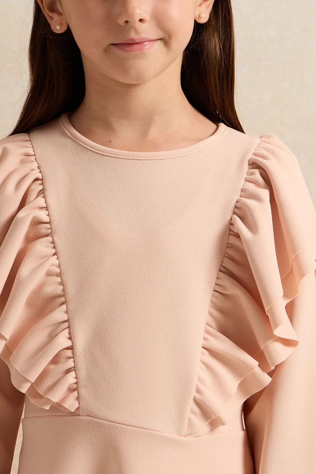 Girls Peach Frill Long Sleeves Dress