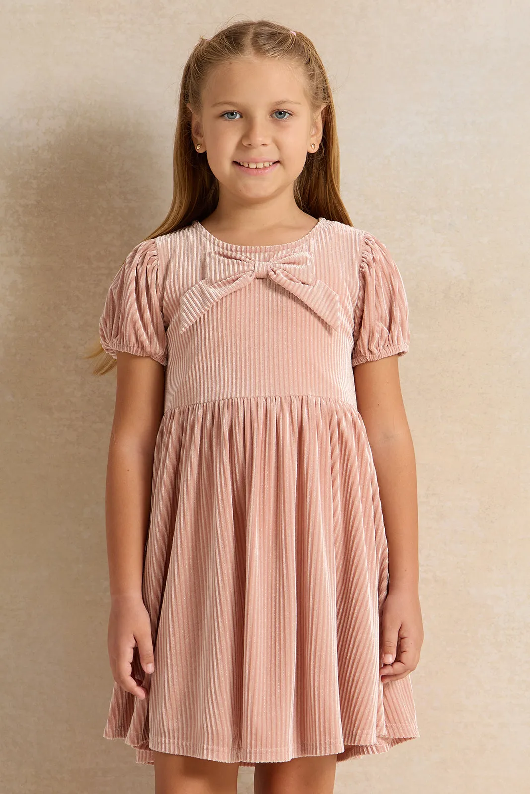 Girls Pink Velour Dress With Bow