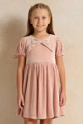 Girls Pink Velour Dress With Bow