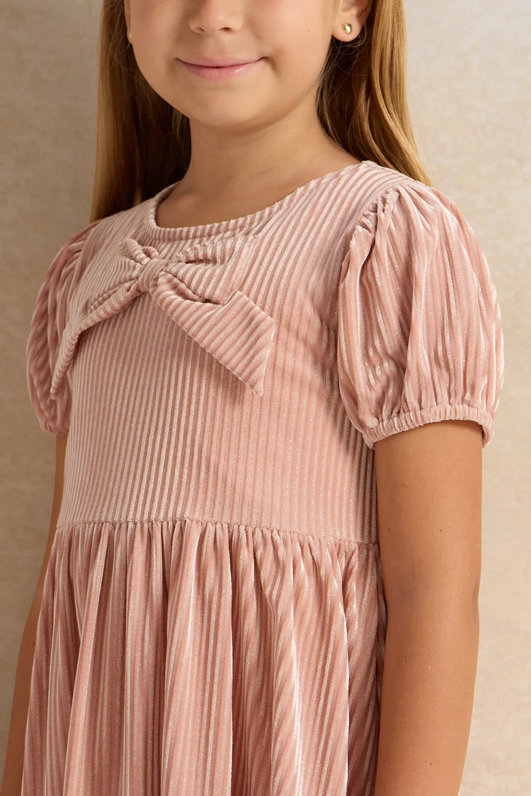 Girls Pink Velour Dress With Bow