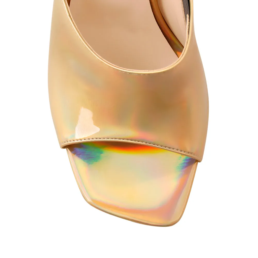 Golden Holographic Transparent Tapered Heel Sandals Mules