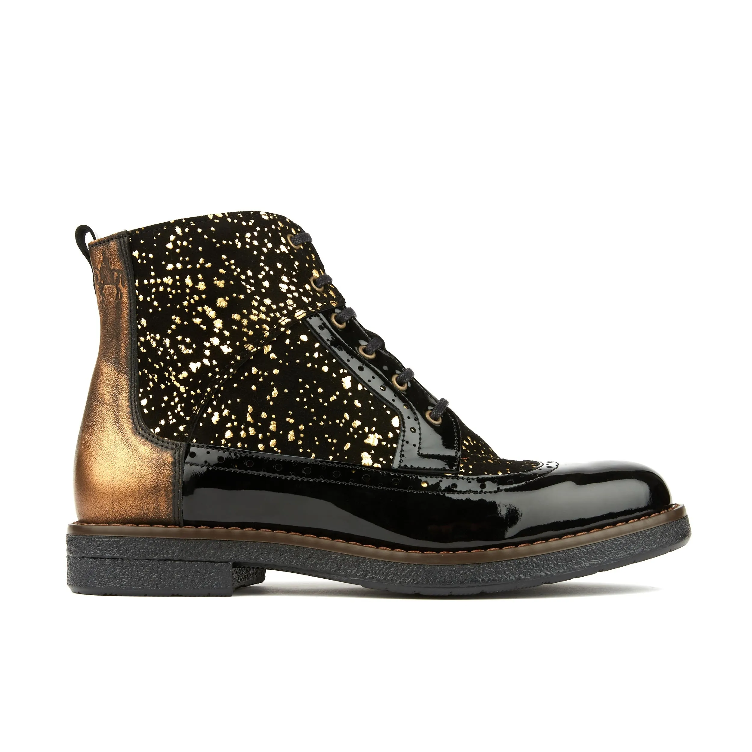 HATTER GOLD DROPS - Women's ankle boot in golden paint drops on black leather