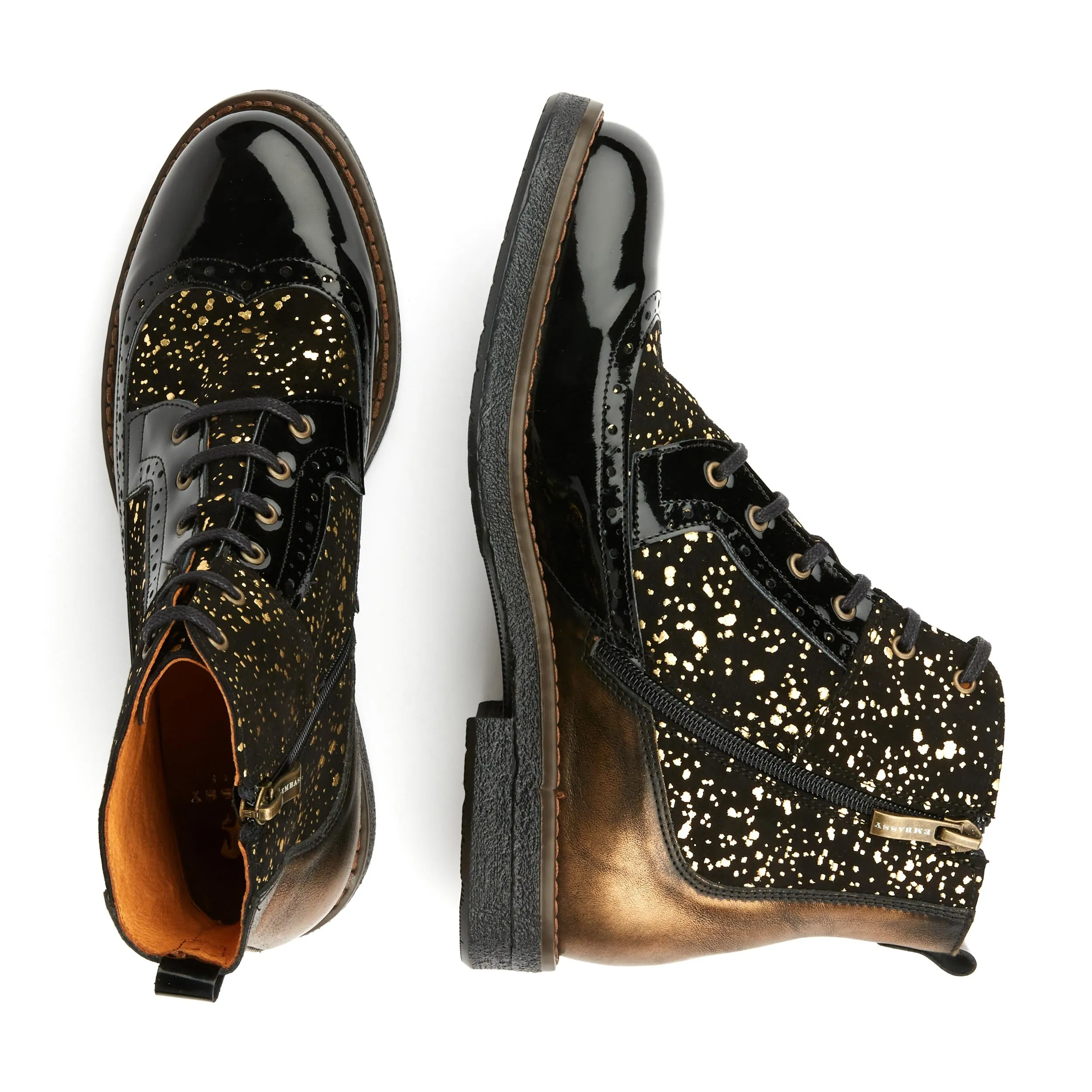 HATTER GOLD DROPS - Women's ankle boot in golden paint drops on black leather