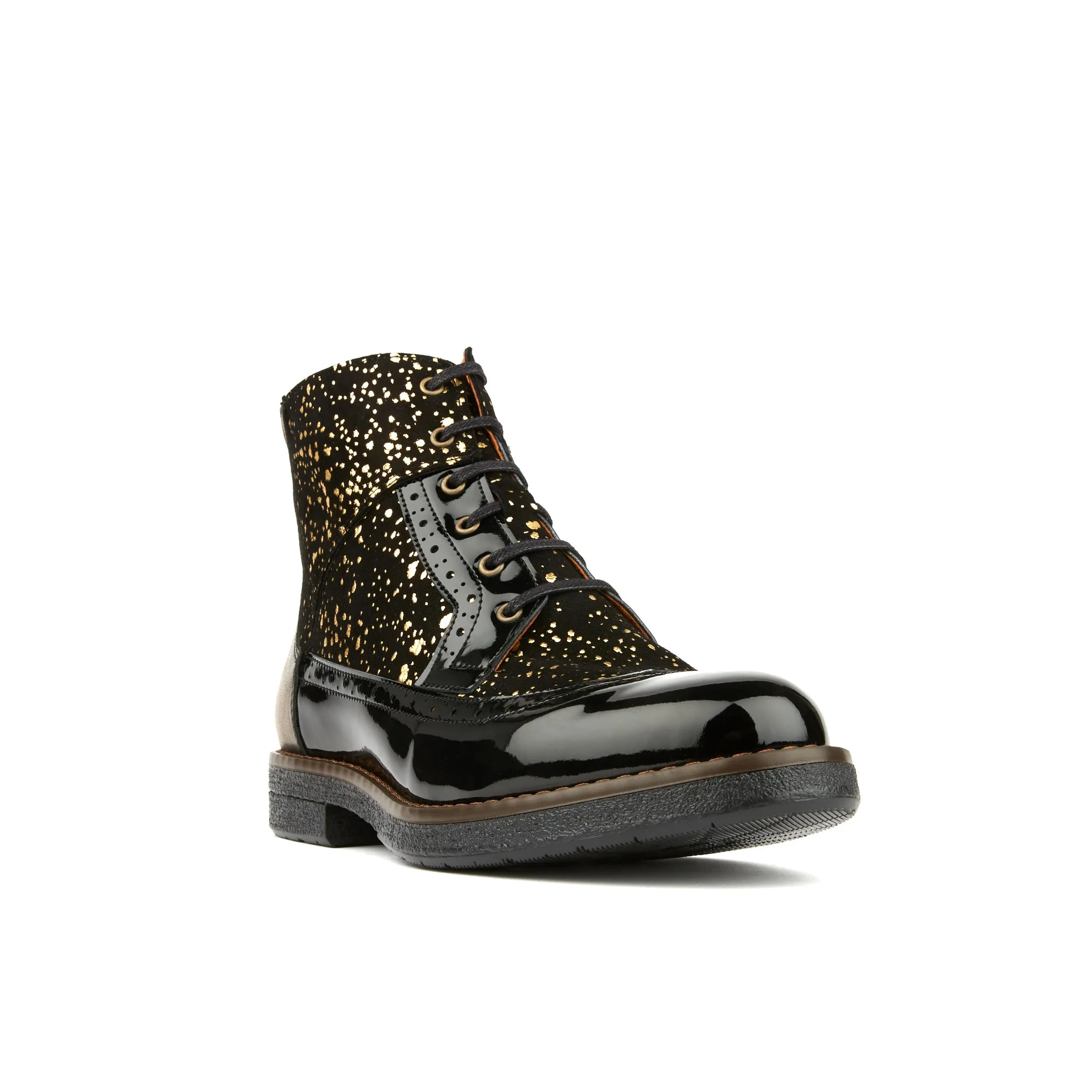 HATTER GOLD DROPS - Women's ankle boot in golden paint drops on black leather