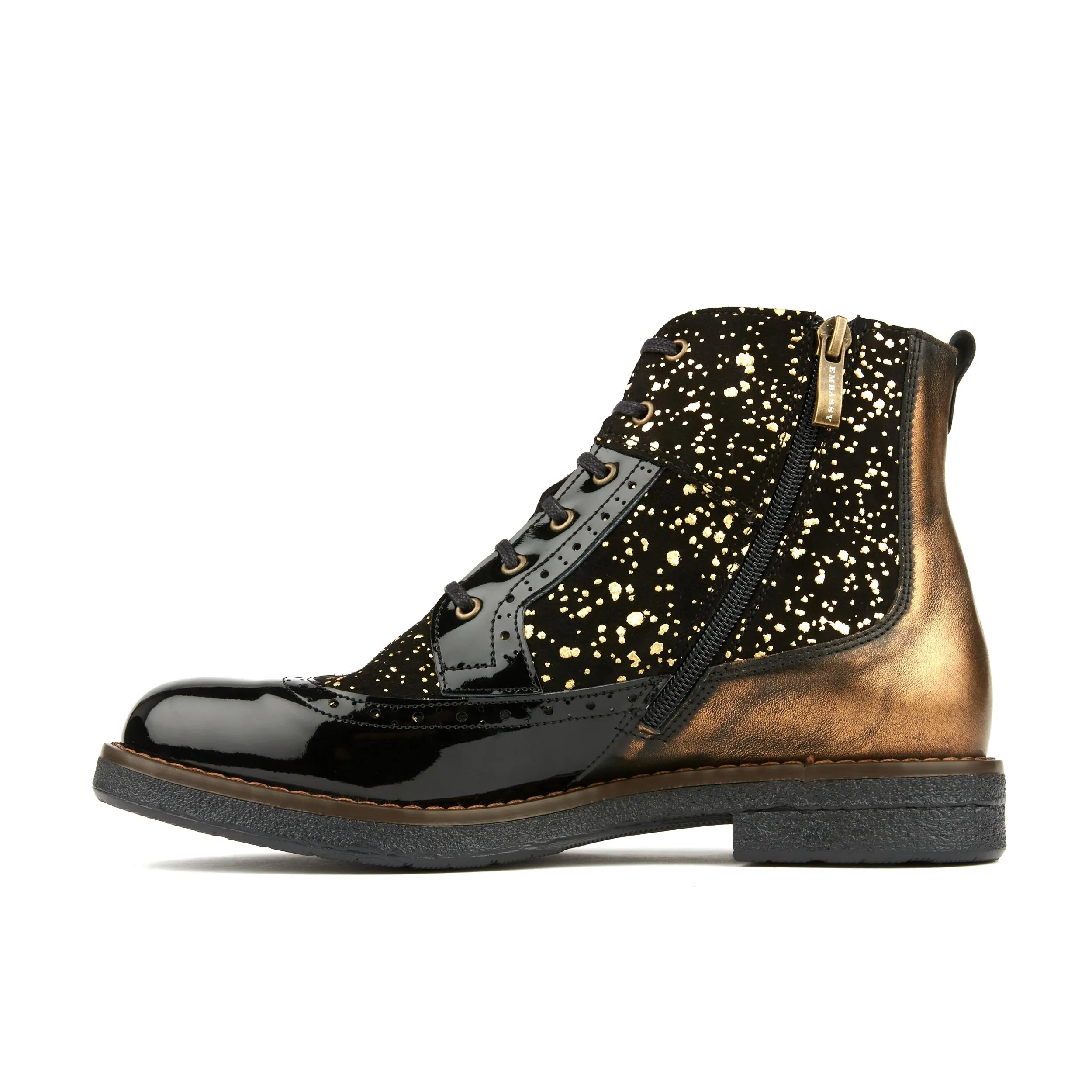 HATTER GOLD DROPS - Women's ankle boot in golden paint drops on black leather