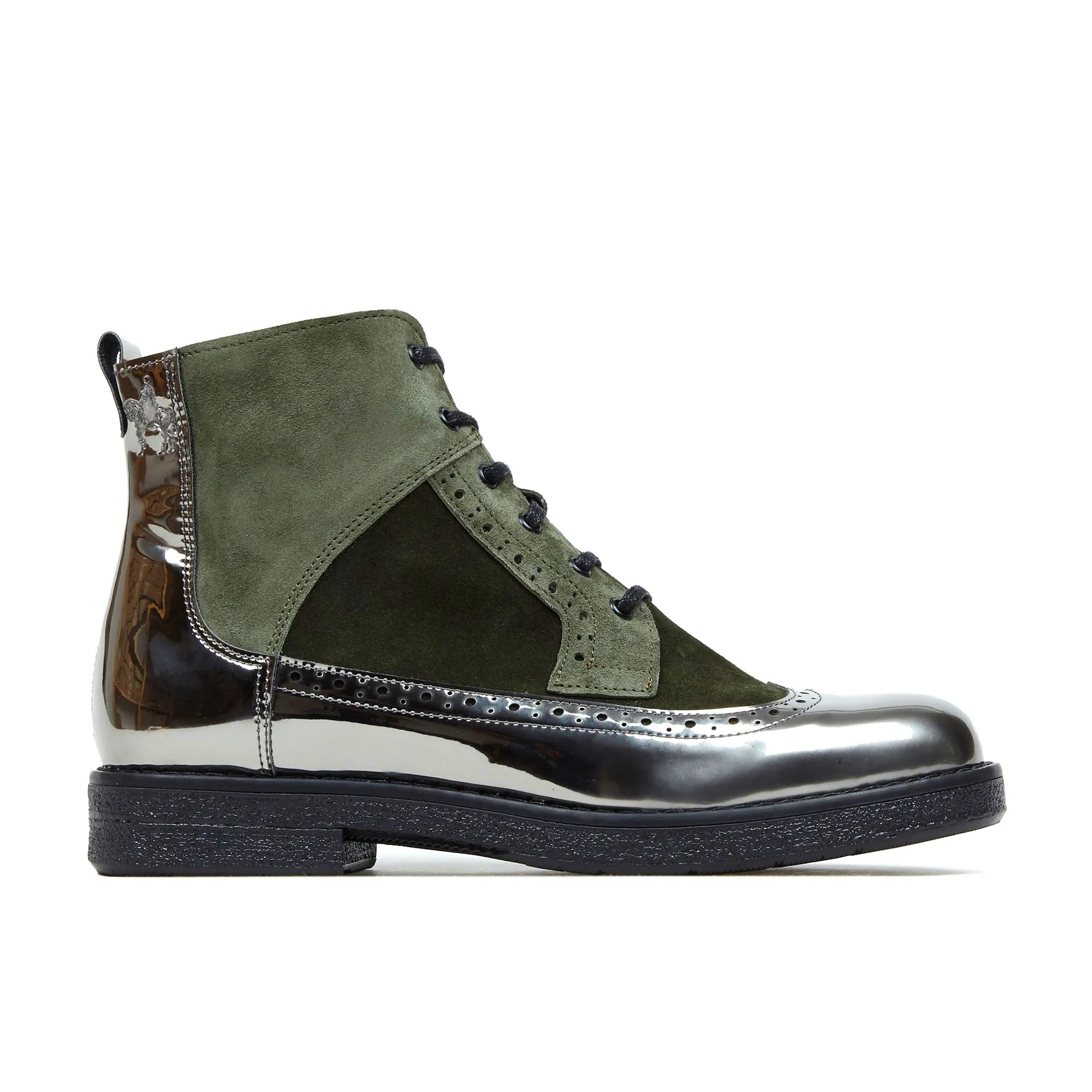 HATTER OLIVE CHROME - Women's zip up and lace up ankle boot with brogue styling