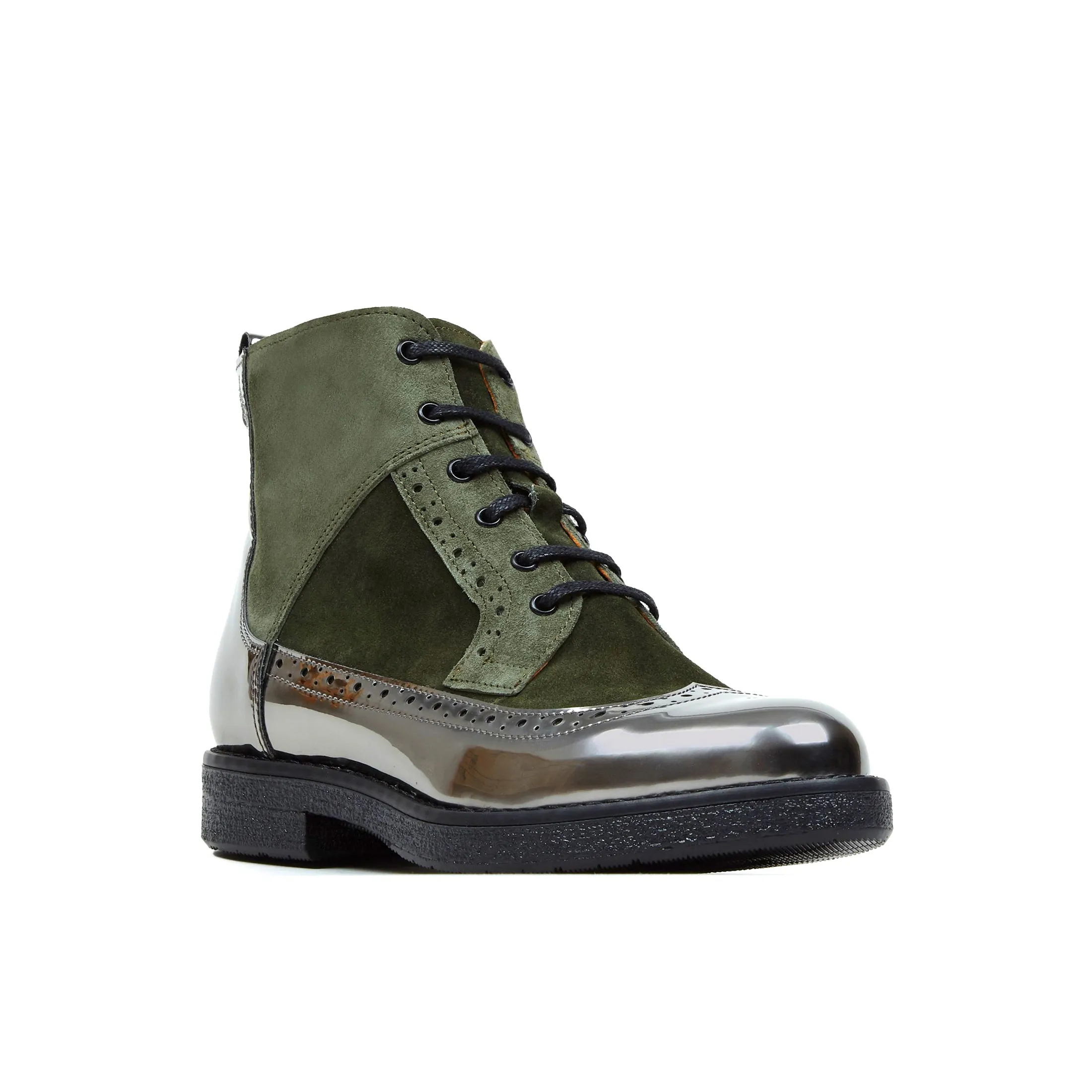 HATTER OLIVE CHROME - Women's zip up and lace up ankle boot with brogue styling