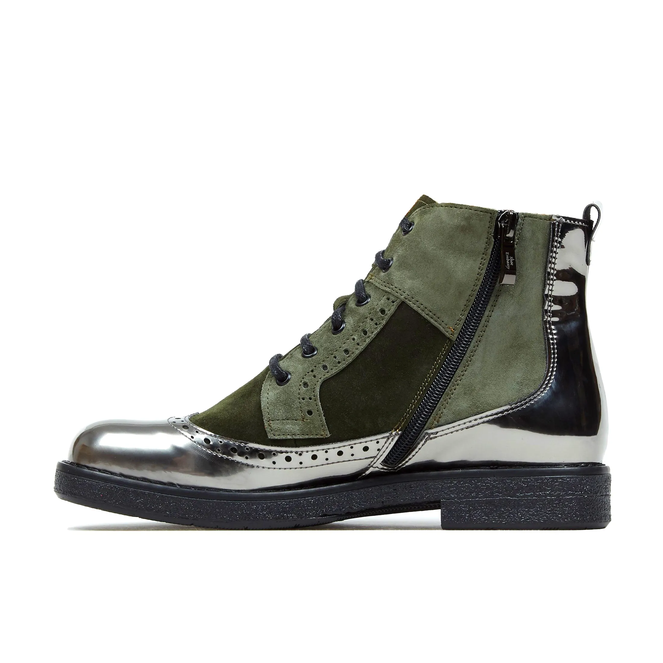 HATTER OLIVE CHROME - Women's zip up and lace up ankle boot with brogue styling