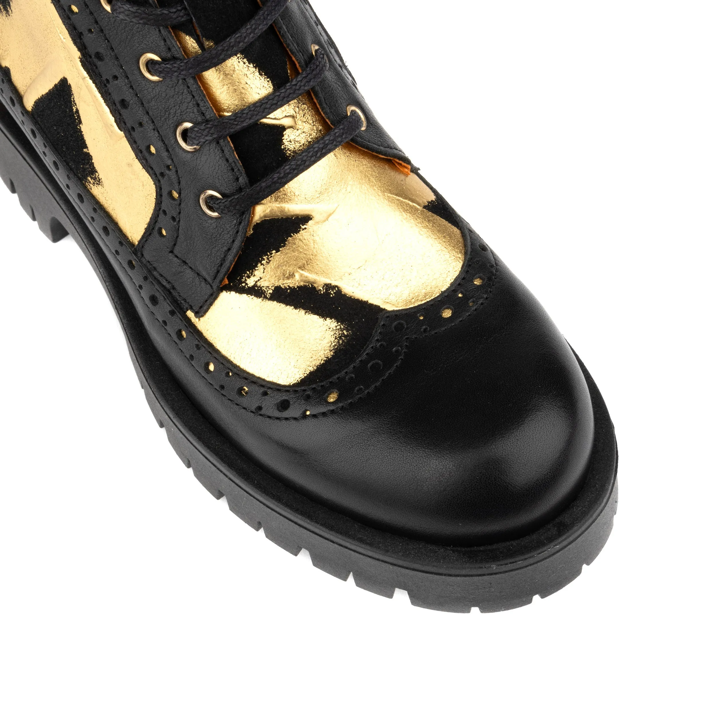 HATTER PLATFORM BLACK - Women's platform ankle boot with golden and black leather