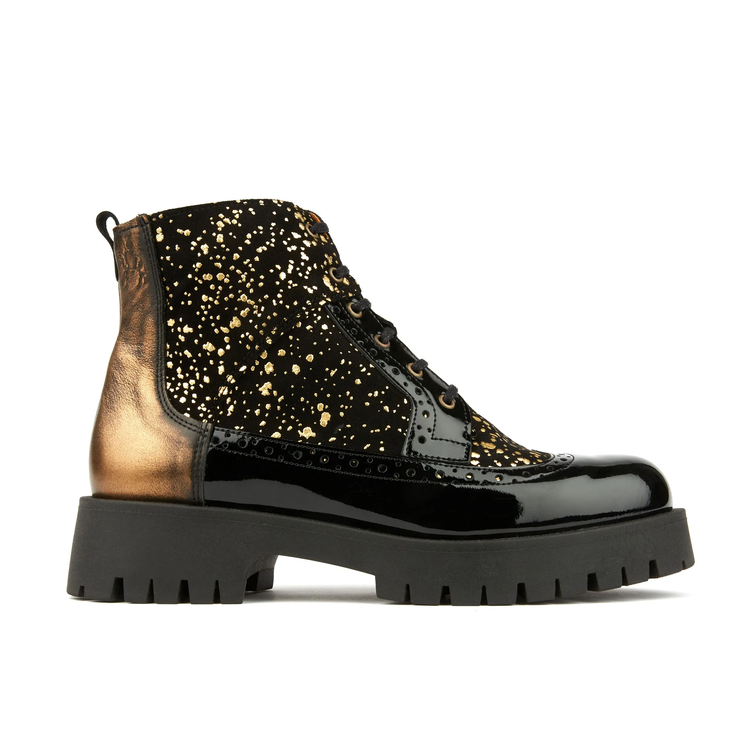 HATTER PLATFORM DROPS - Women's ankle boot in golden paint drops on black leather