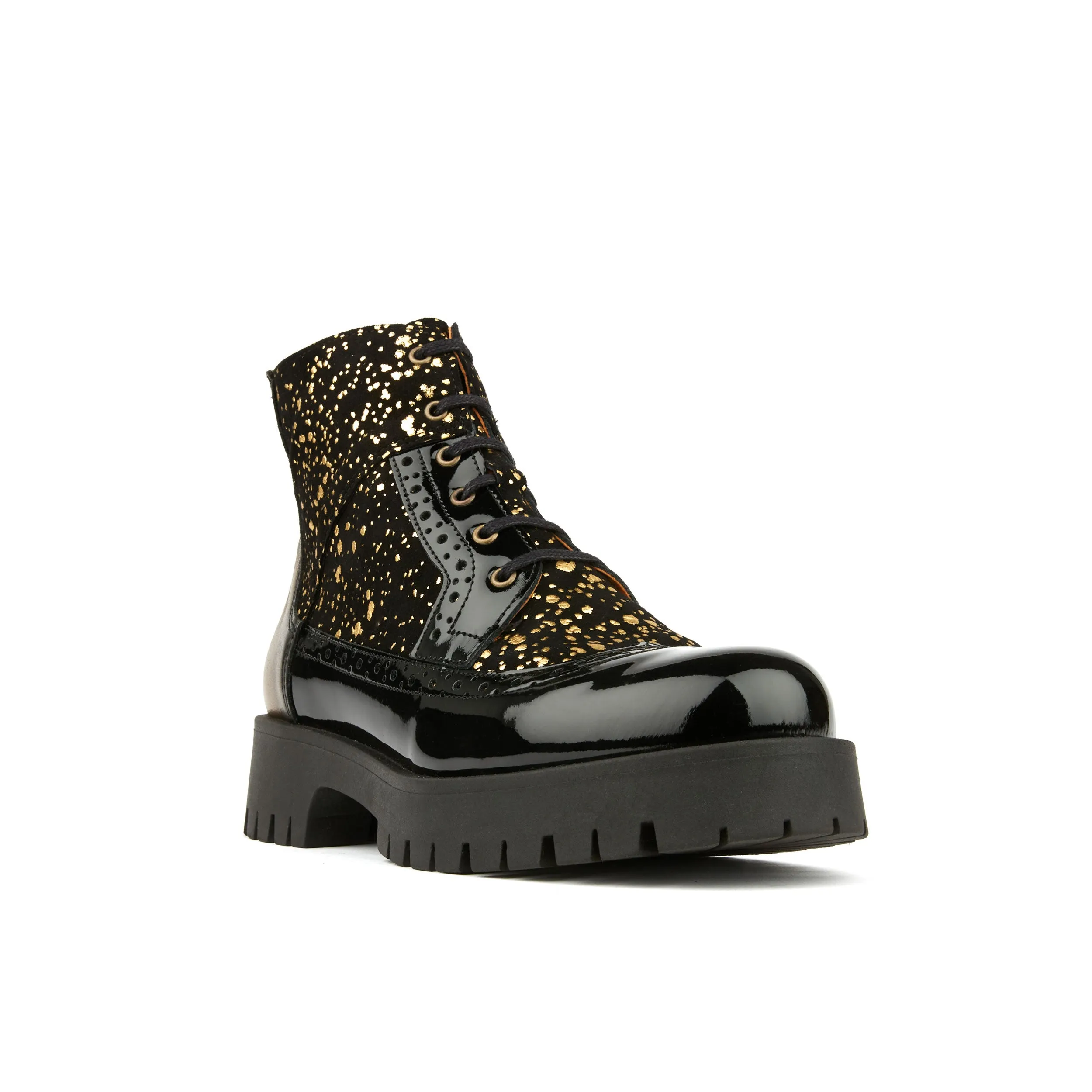 HATTER PLATFORM DROPS - Women's ankle boot in golden paint drops on black leather