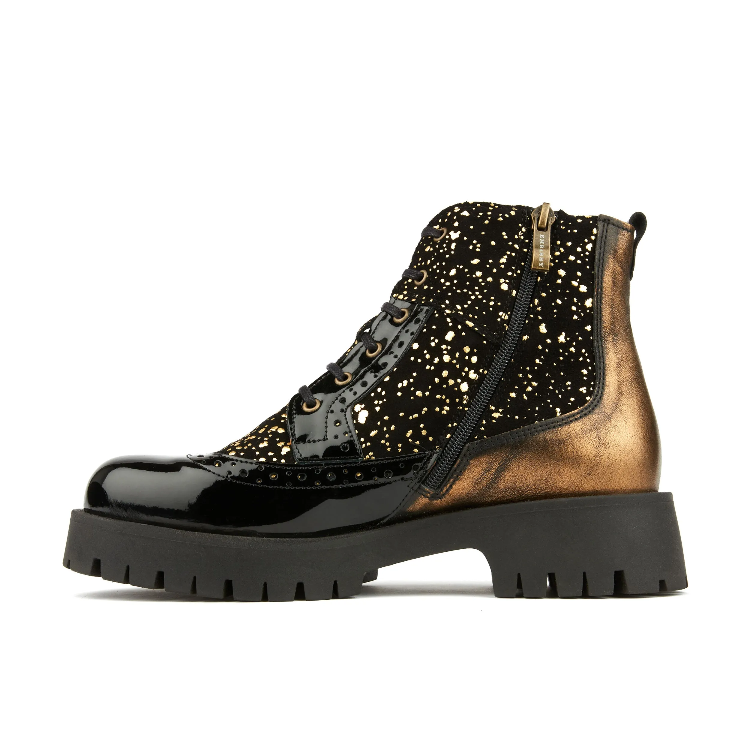 HATTER PLATFORM DROPS - Women's ankle boot in golden paint drops on black leather