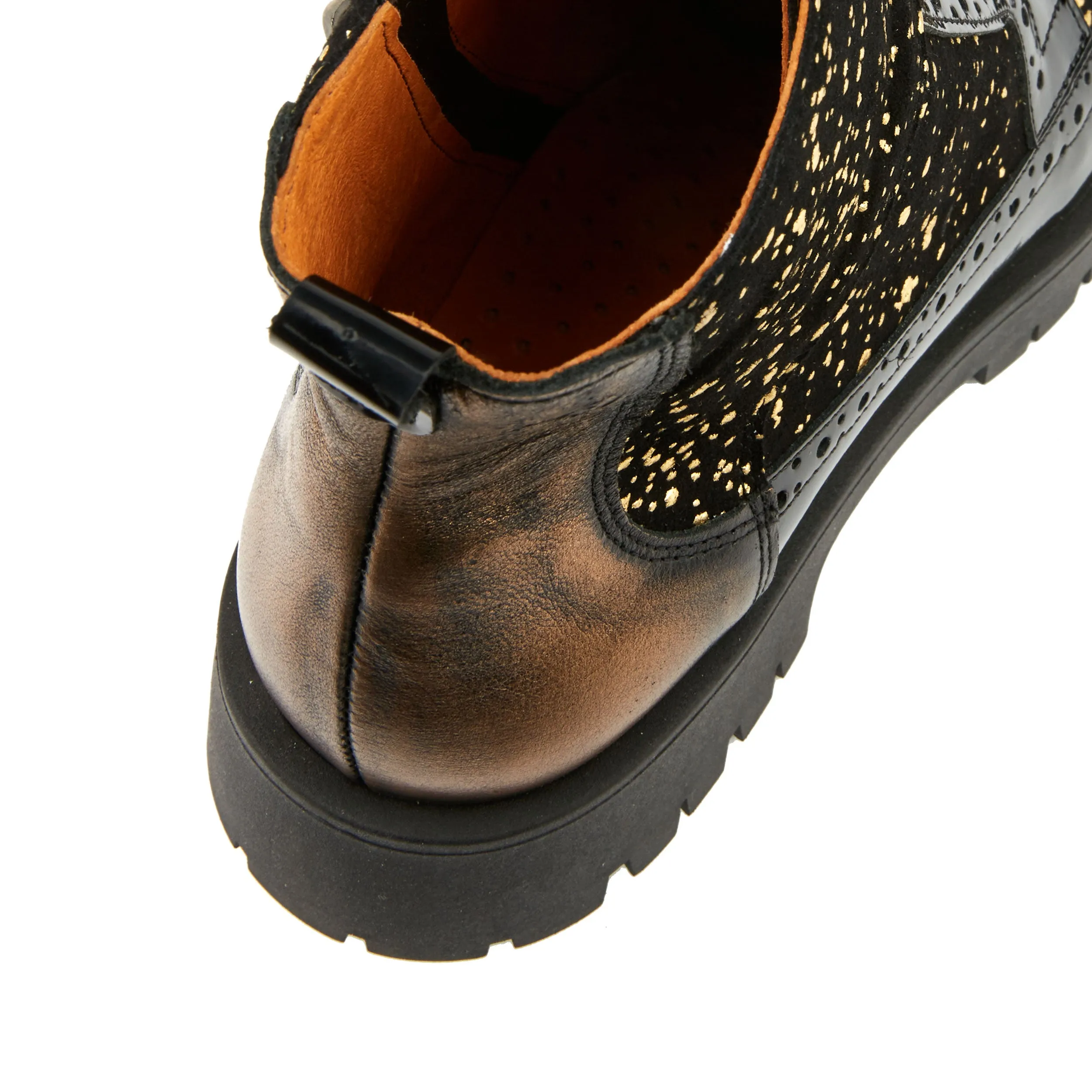 HATTER PLATFORM DROPS - Women's ankle boot in golden paint drops on black leather