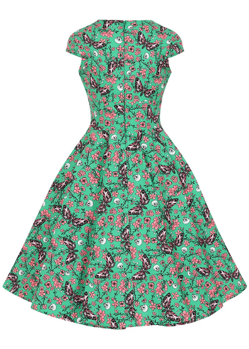 Hell Bunny Madilynn Moth Skull 50's Swing Dress Green