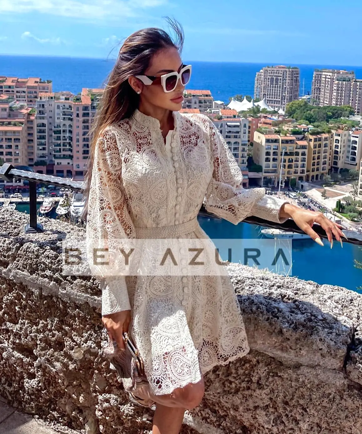 Ivory Paisley Lace Big Sleeve Belted Dress