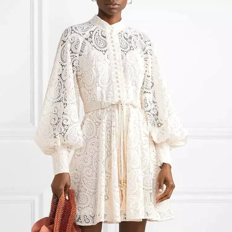 Ivory Paisley Lace Big Sleeve Belted Dress