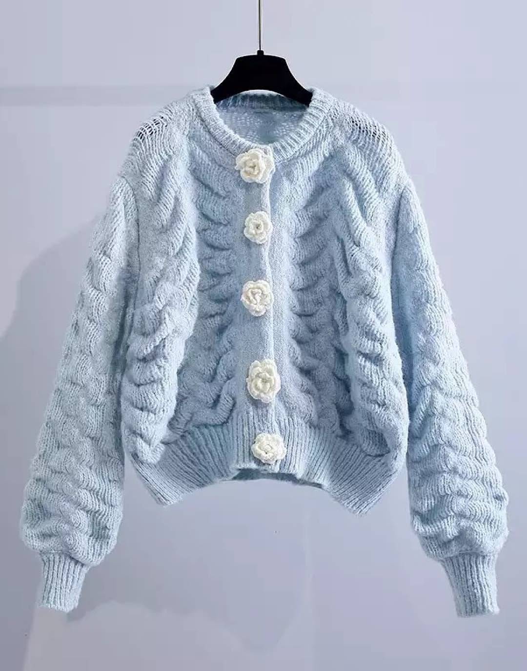 Knitted Flower Button Loose Cardigan