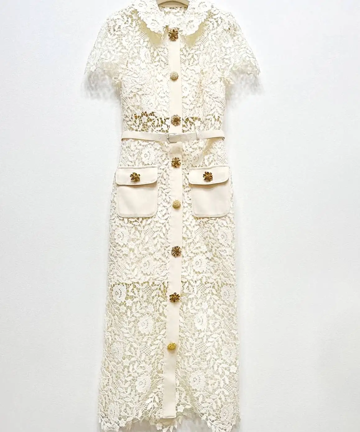 Lace Ankle Length Collared Dress In White