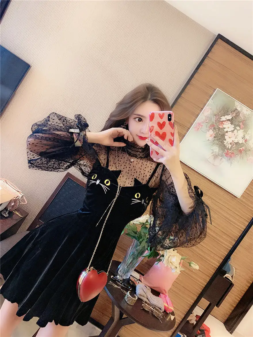 LACE LOOSE TOP+CAT EMBROIDERIED DRESS BY71076