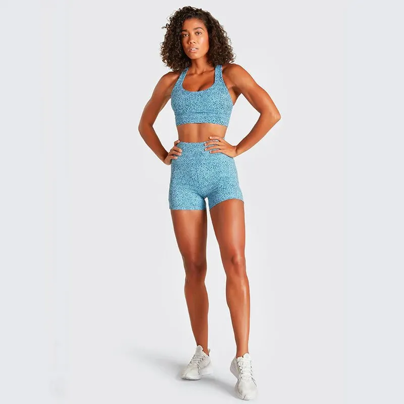 Leopard Print Activewear Shorts Set with Pocket-Blue Leopard