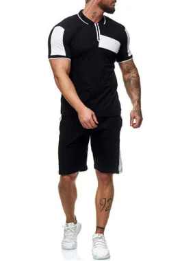 Men's Activewear 2-Piece Color Block Short Sleeves Turndown Collar Black