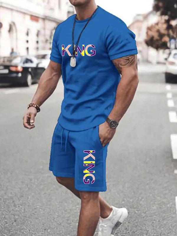 Men's Activewear 2-Piece Printed Short Sleeves Jewel Neck Blue