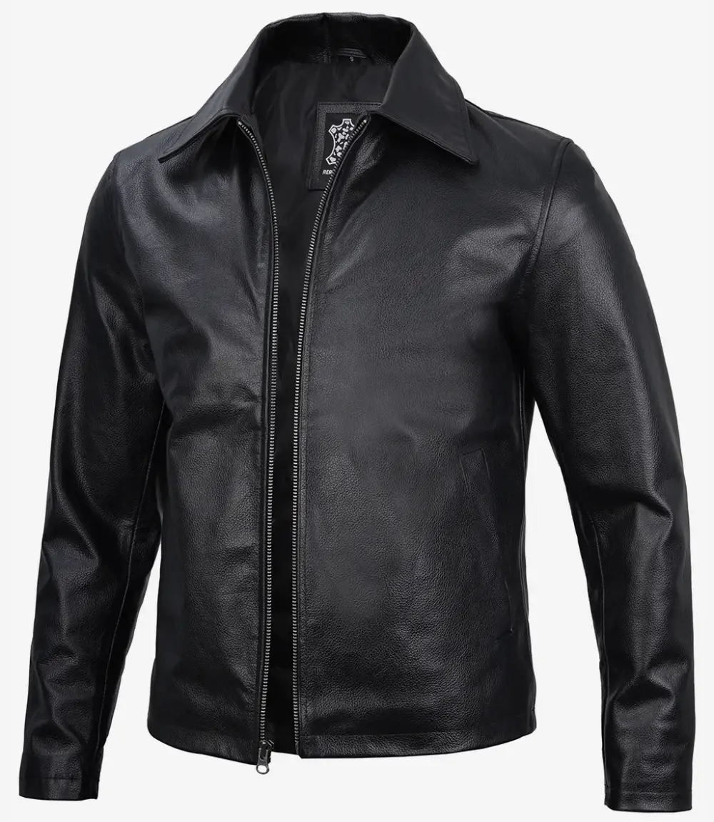 Mens Black Shirt Collar Cowhide Leather Jacket